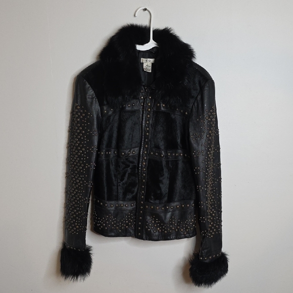 Cache Jackets & Blazers - Cache Vintage Black Leather Jacket with Studs and Fur Sz 12